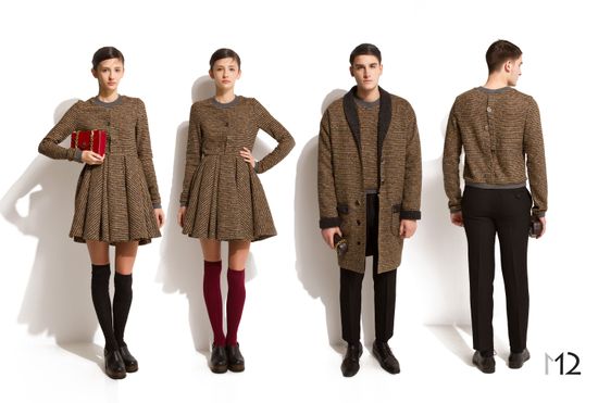Composite lookbook image displaying four distinct poses of a male and female model showcasing structured knitwear and striped coats.